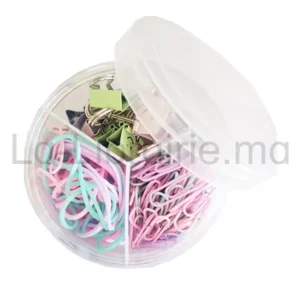 Image du produit Boîtier mixte de trombones, clips attaches et élastiques colorés
