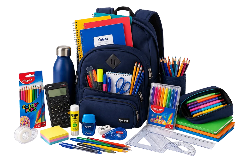 Sac à dos avec fournitures scolaires, cahiers, stylos, calculatrice et matériel de géométrie pour la rentrée scolaire.
