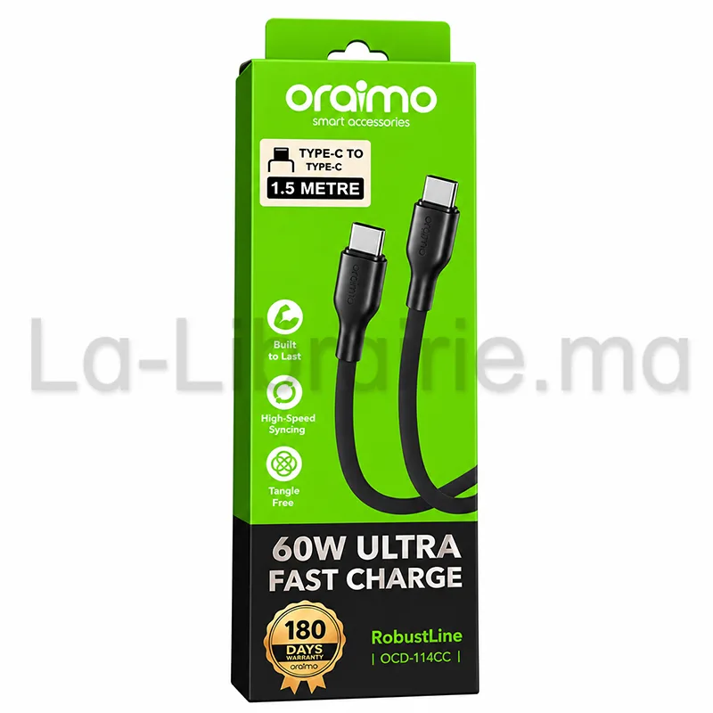 Câble USB-C 18W noir Oraimo 1 mètre Ultra Durable OCD-114C